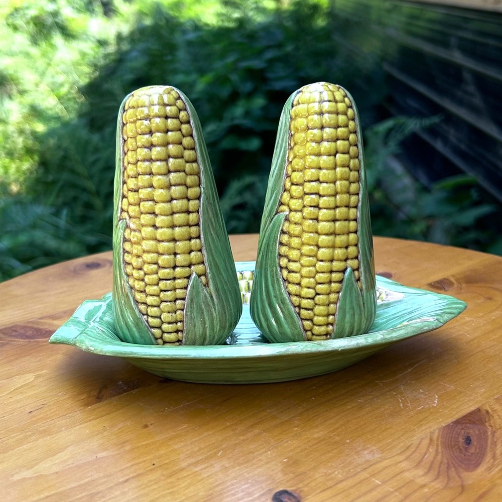 Vintage Corn On The Cob Salt Pepper Shakers Set Yellow Green Large JC 1981 80s
